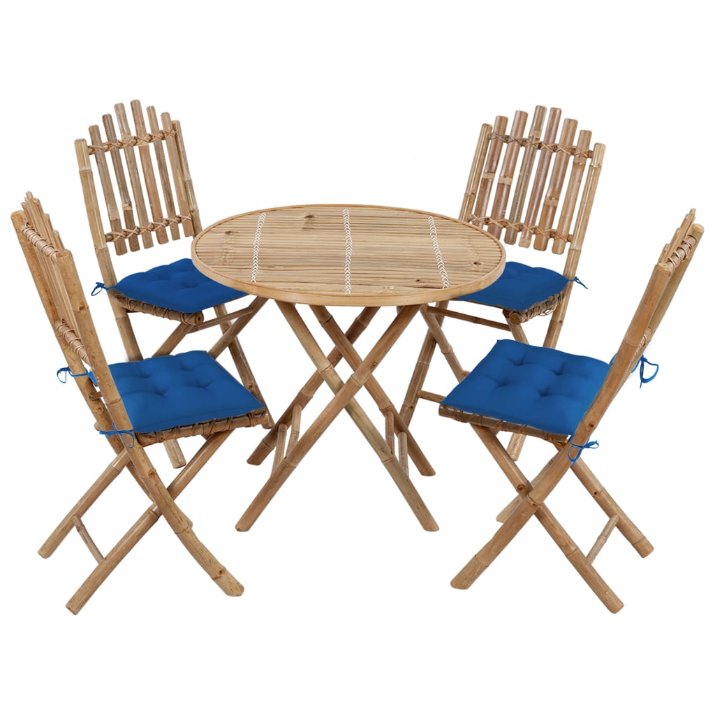 5 Pcs conj. de jantar dobrável c/ almofadões p/ exterior bambu