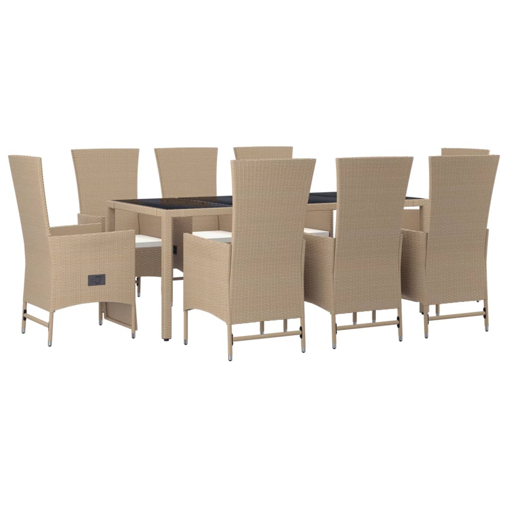 9 Pcs conjunto de jantar p/ jardim com almofadões vime PE bege