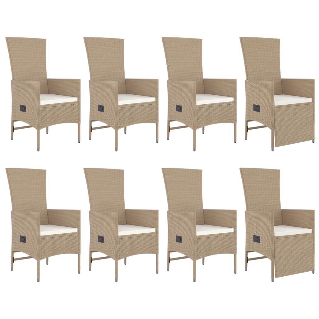9 Pcs conjunto de jantar p/ jardim com almofadões vime PE bege