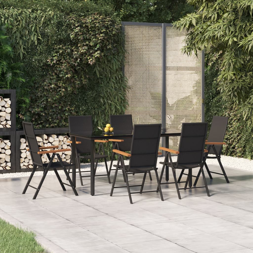 7 Pcs conjunto de jantar para jardim vime PE castanho