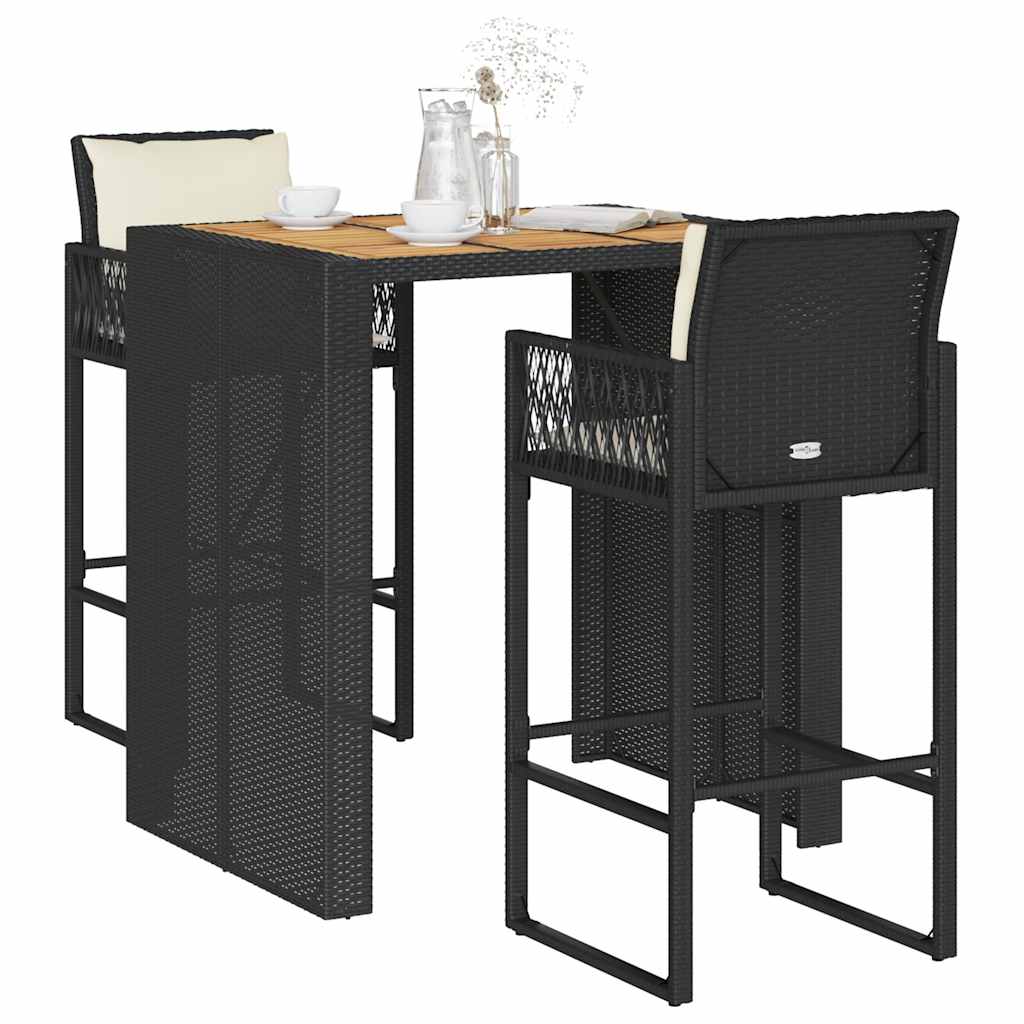 3 Pcs conjunto de bar jardim c/ almofadões vime PE/acácia preto