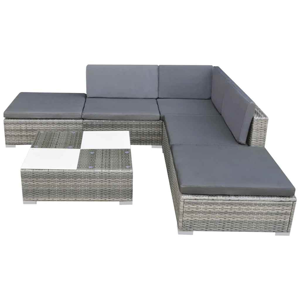 6 Pcs conjunto lounge de jardim c/ almofadões vime PE cinzento