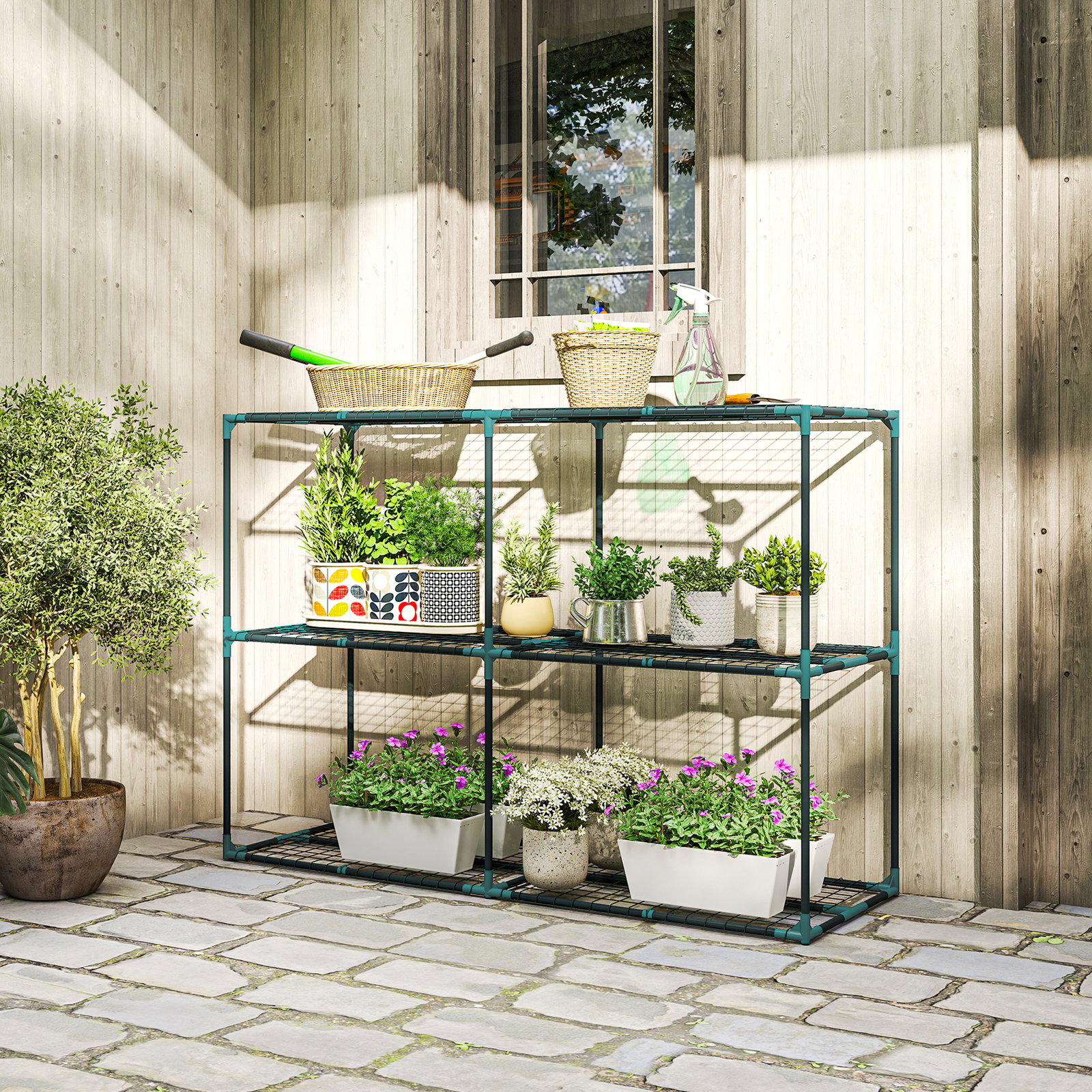 Suporte para plantas de 3 níveis estante para plantas de aço para interior e exterior 143x48x100 cm verde