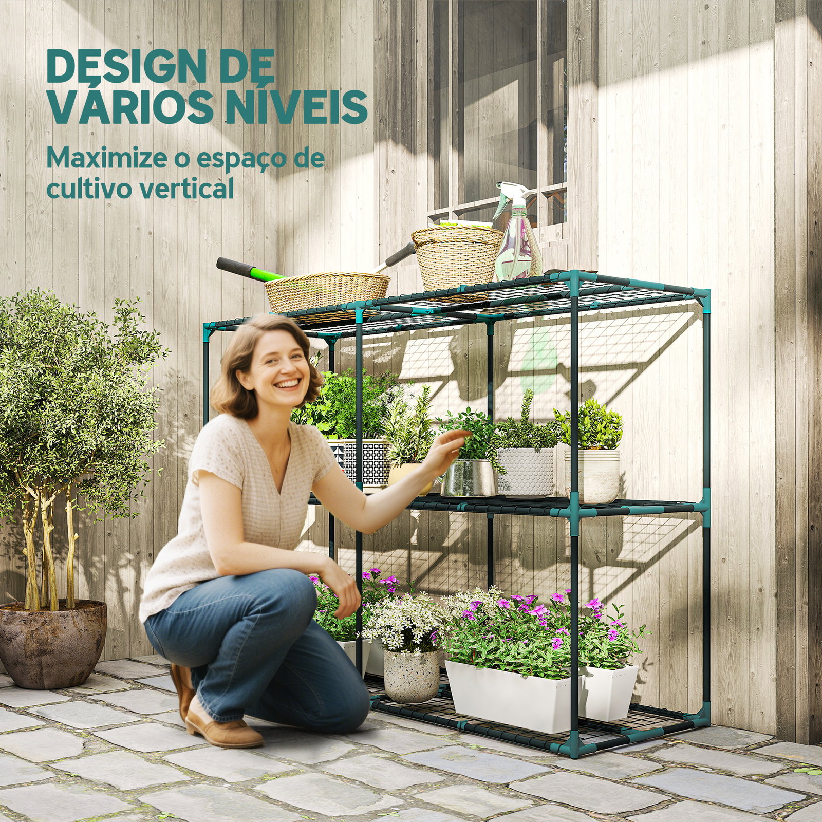 Suporte para plantas de 3 níveis estante para plantas de aço para interior e exterior 143x48x100 cm verde