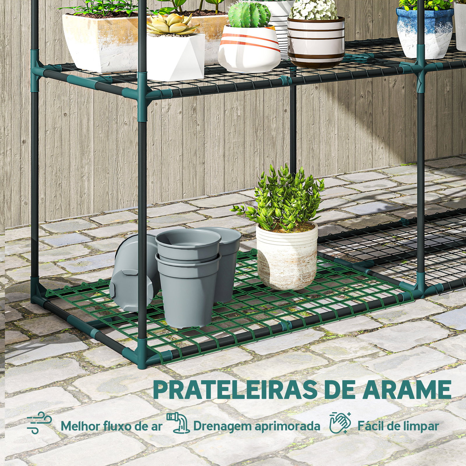 Suporte para plantas de 3 níveis estante para plantas de aço para interior e exterior 143x48x100 cm verde