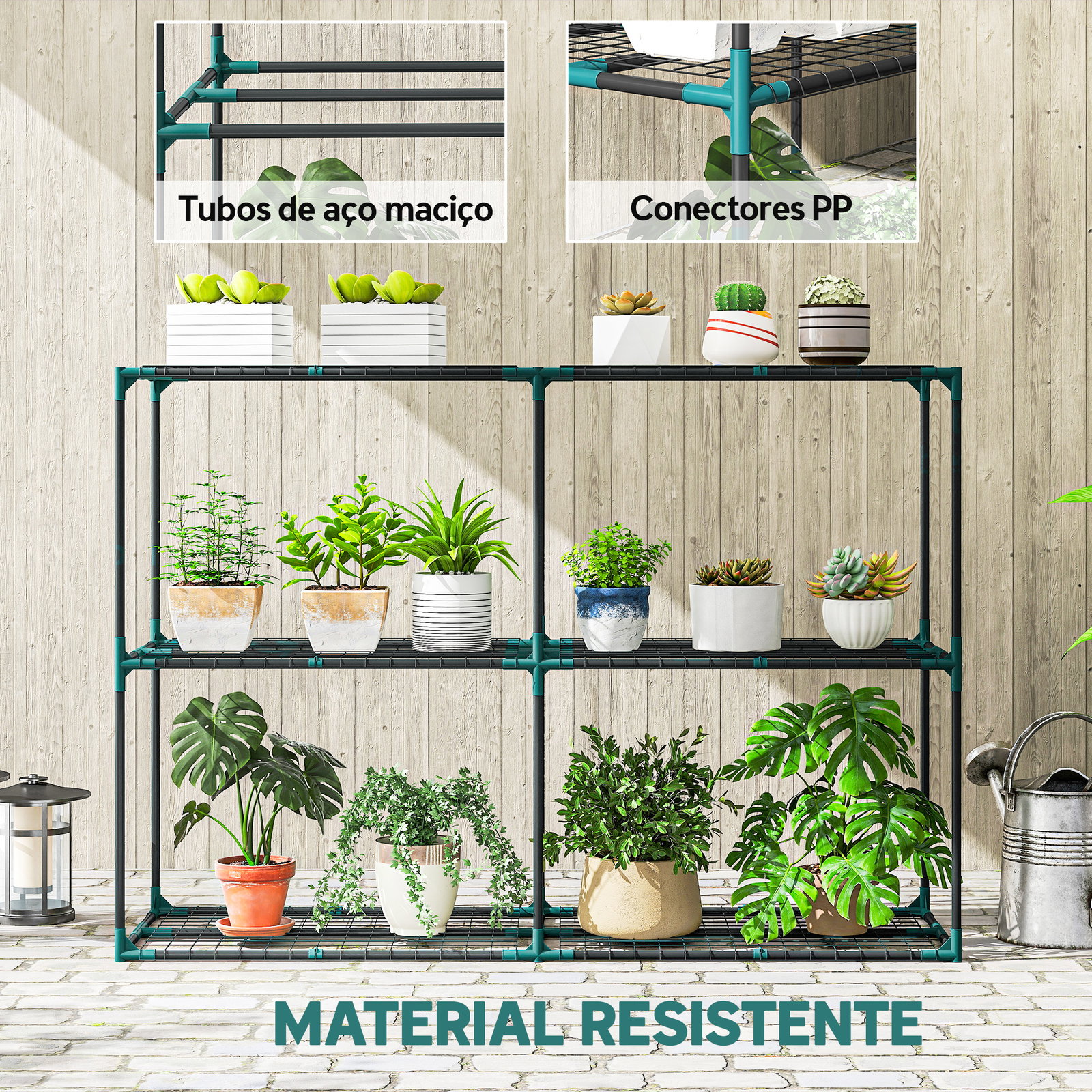 Suporte para plantas de 3 níveis estante para plantas de aço para interior e exterior 143x48x100 cm verde