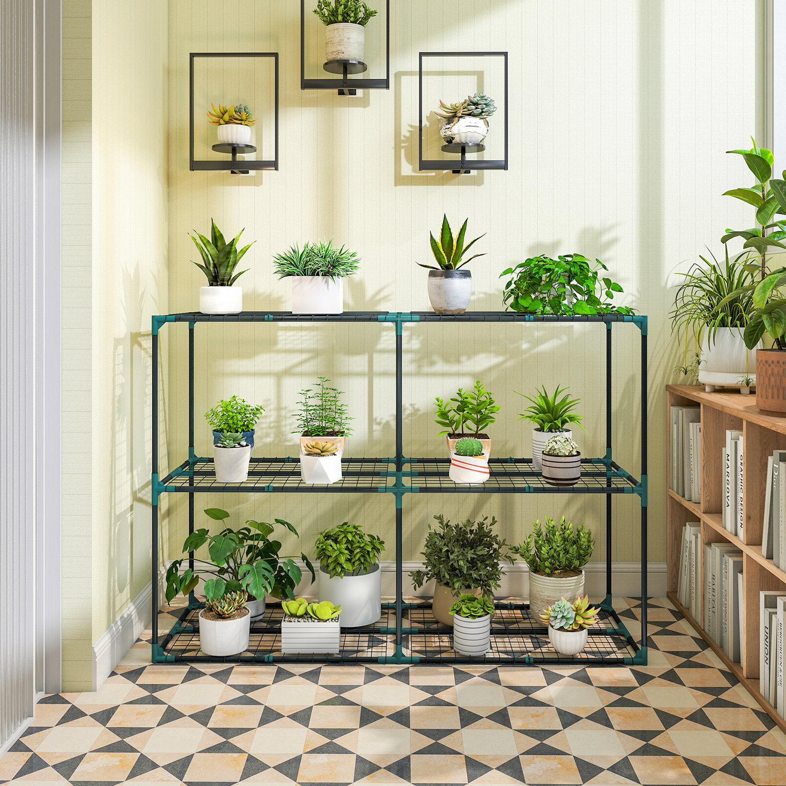 Suporte para plantas de 3 níveis estante para plantas de aço para interior e exterior 143x48x100 cm verde