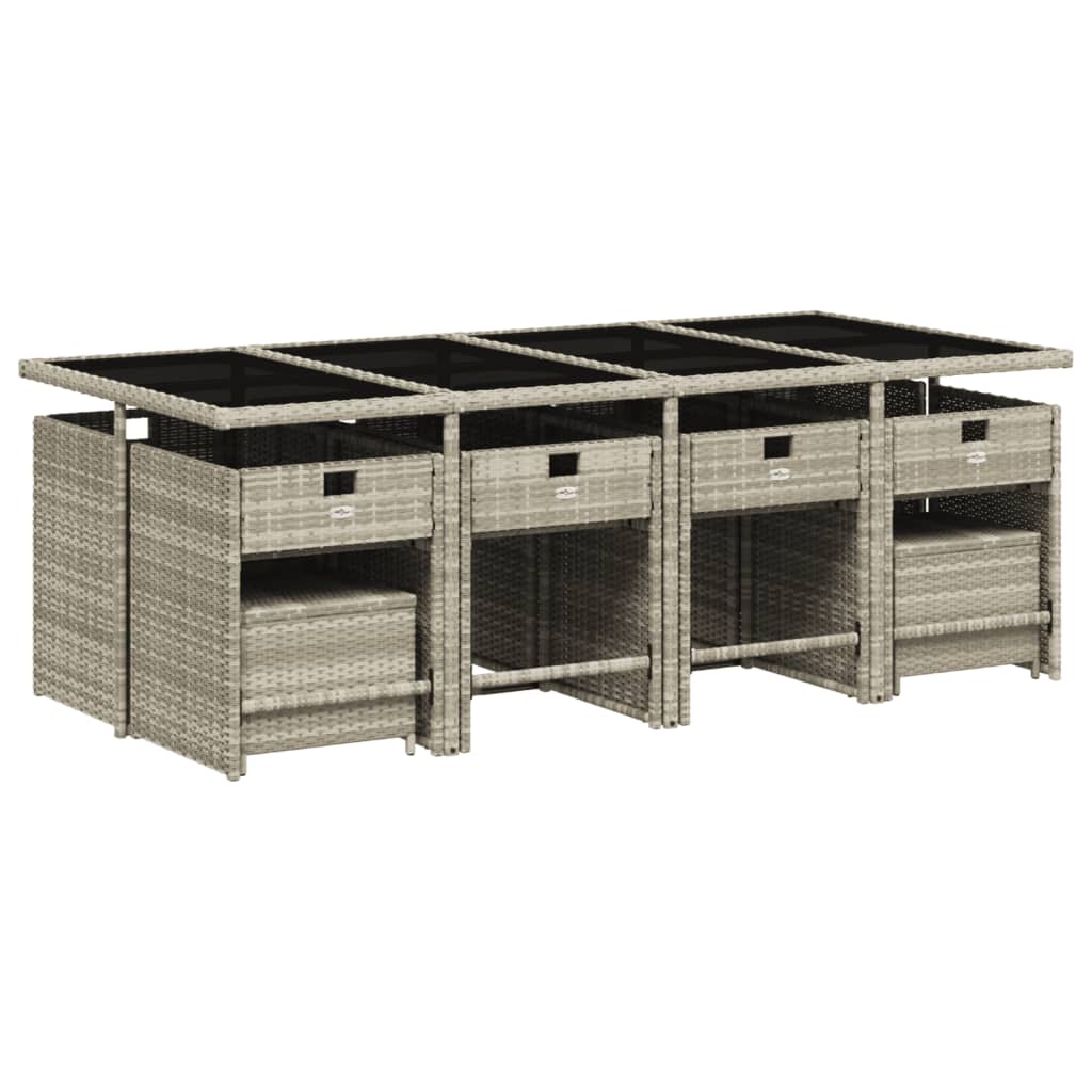 13 Pcs conj. jantar jardim c/ almofadões vime PE cinzento-claro