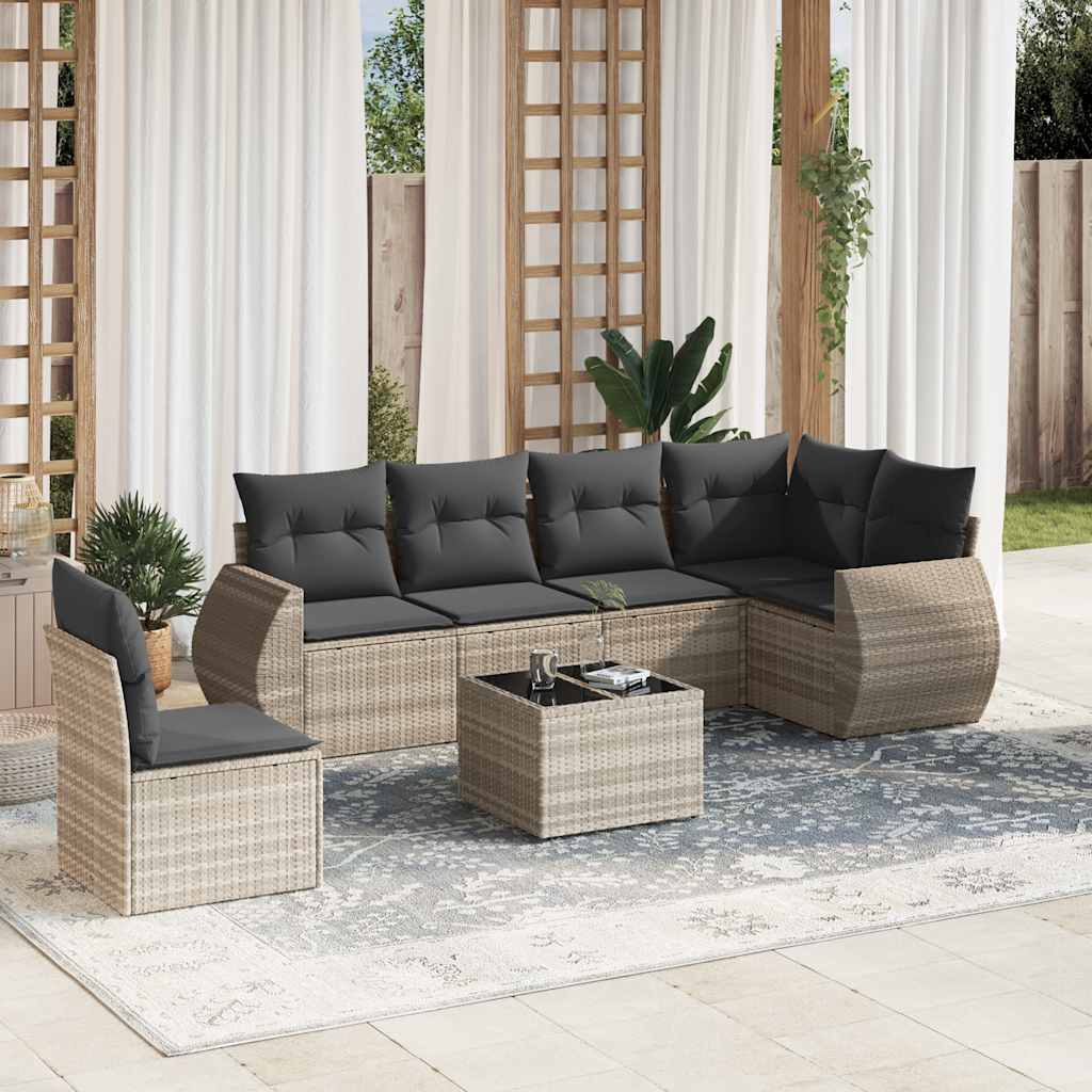 7 Pcs conj. sofás jardim com almofadões vime PE cinzento-claro