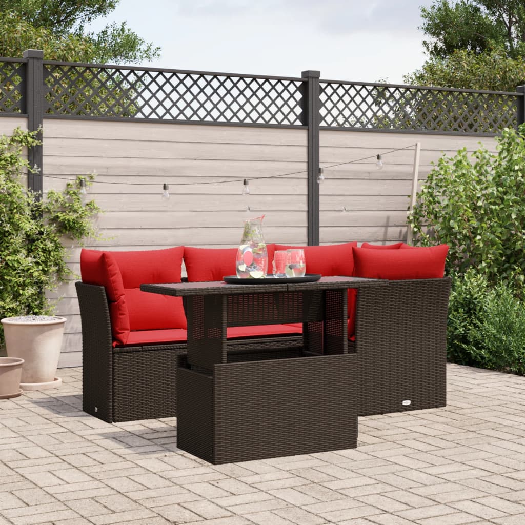 Conjunto de sofá de jardim de 5 peças com almofadas em rattan sintético marrom
