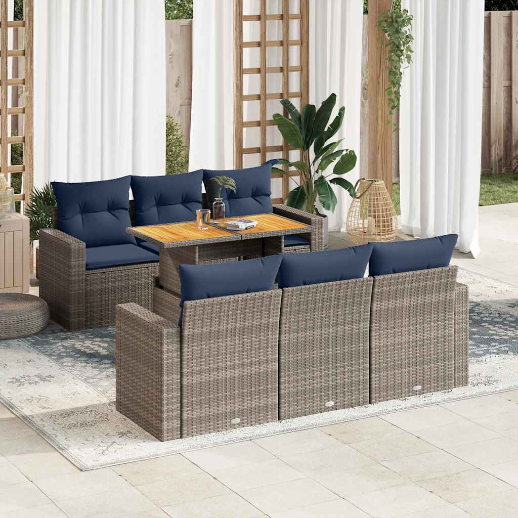 7 Pcs conjunto sofás p/ jardim c/ almofadões vime PE cinzento