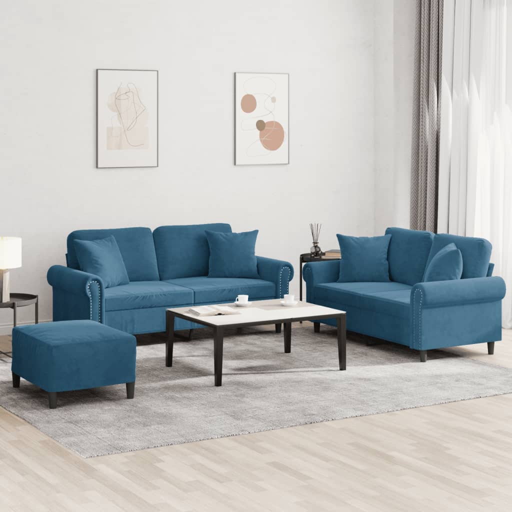3 Pcs conjunto de sofás com almofadas veludo azul