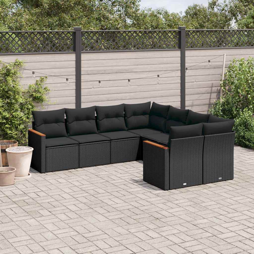 8 Pcs conjunto sofás de jardim com almofadões vime PE preto