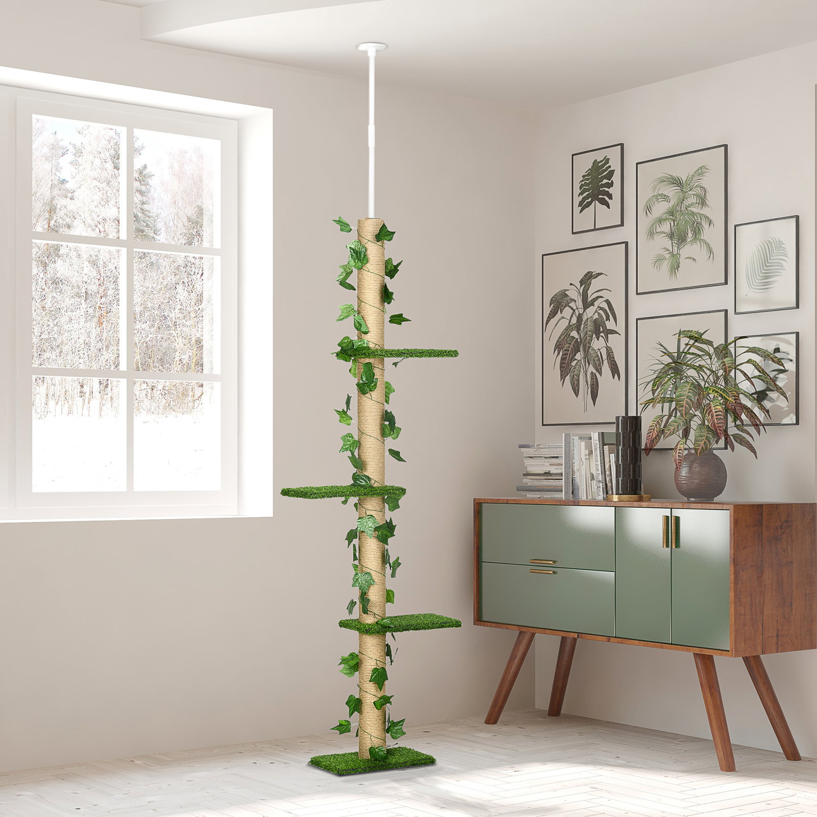 Árvore para gatos do chão ao teto 37x21x202-242 cm com 4 plataformas de relva artificial folhas artificiais e poste de juta verde