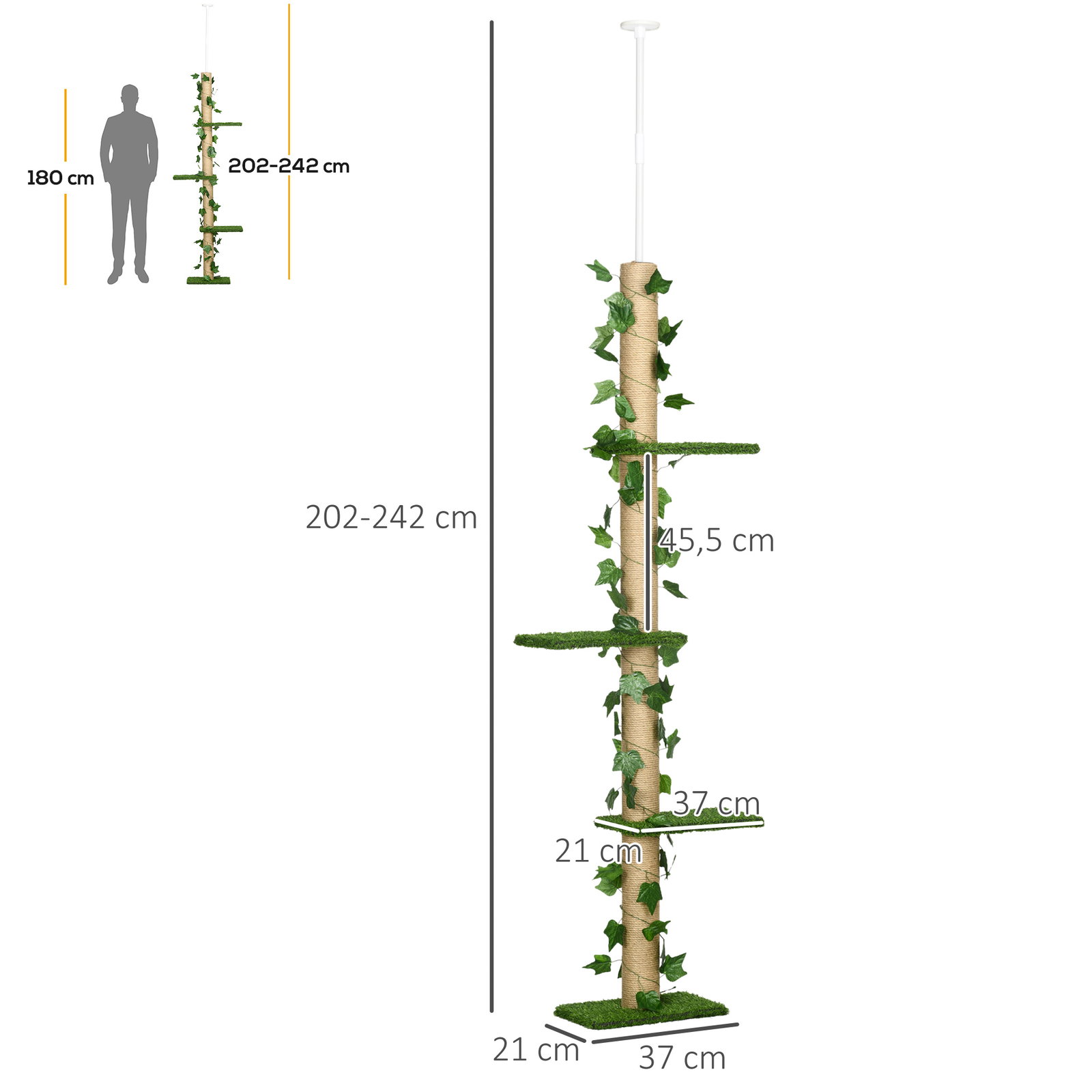Árvore para gatos do chão ao teto 37x21x202-242 cm com 4 plataformas de relva artificial folhas artificiais e poste de juta verde