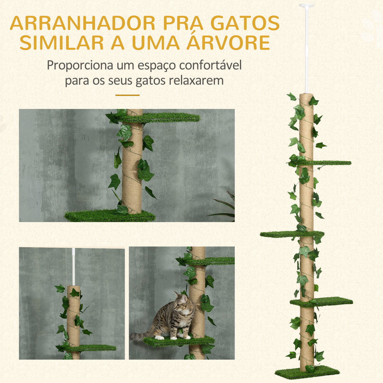 Árvore para gatos do chão ao teto 37x21x202-242 cm com 4 plataformas de relva artificial folhas artificiais e poste de juta verde