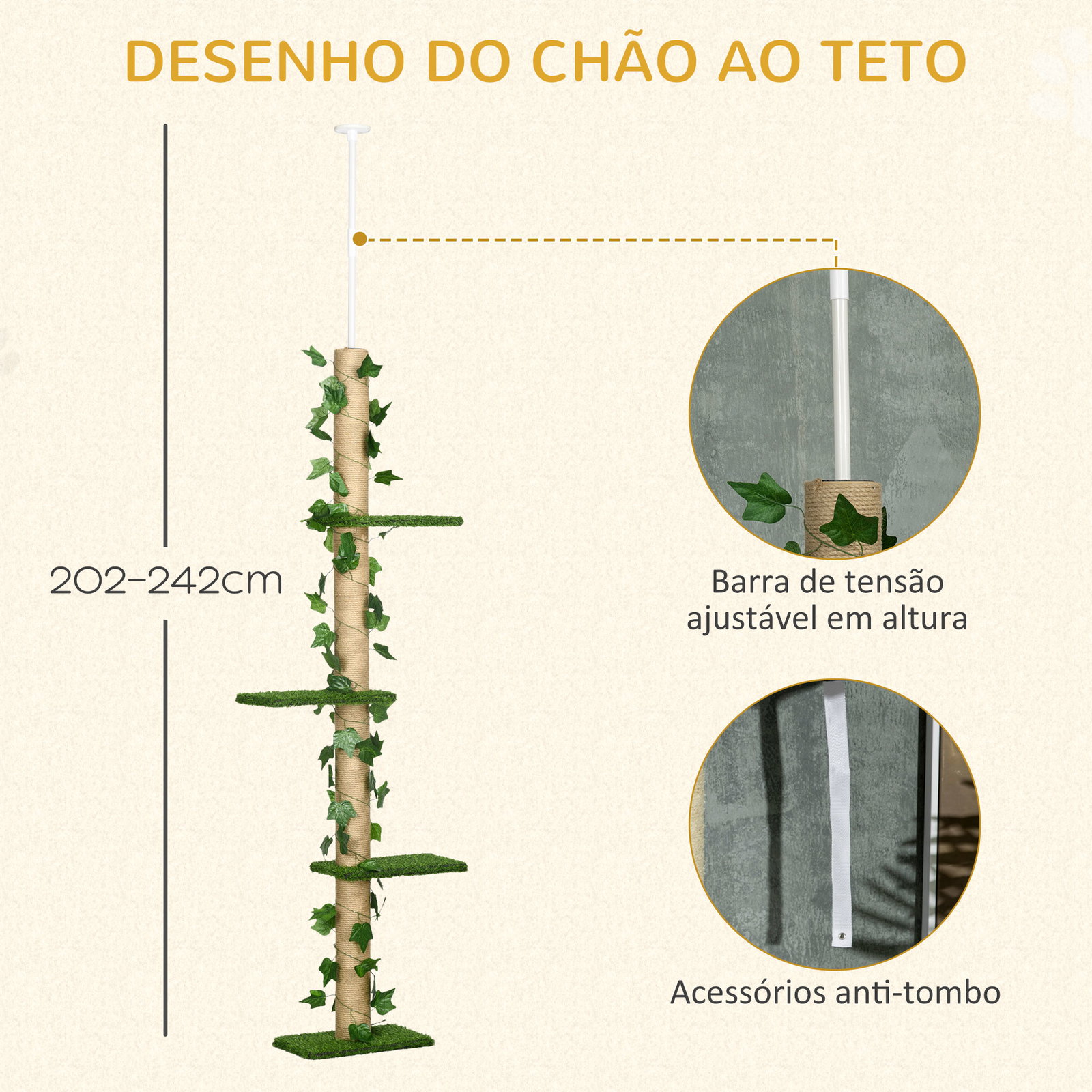 Árvore para gatos do chão ao teto 37x21x202-242 cm com 4 plataformas de relva artificial folhas artificiais e poste de juta verde