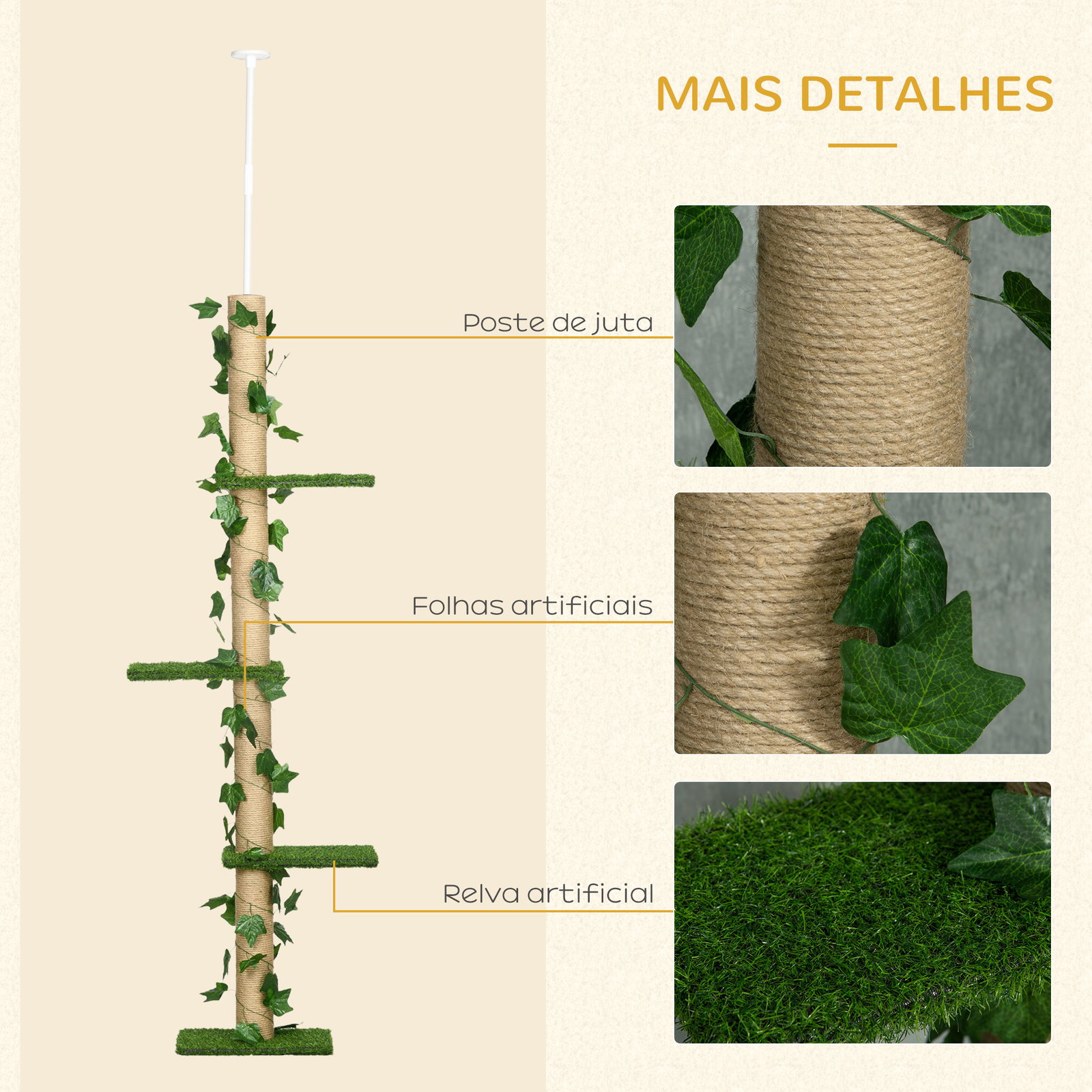 Árvore para gatos do chão ao teto 37x21x202-242 cm com 4 plataformas de relva artificial folhas artificiais e poste de juta verde