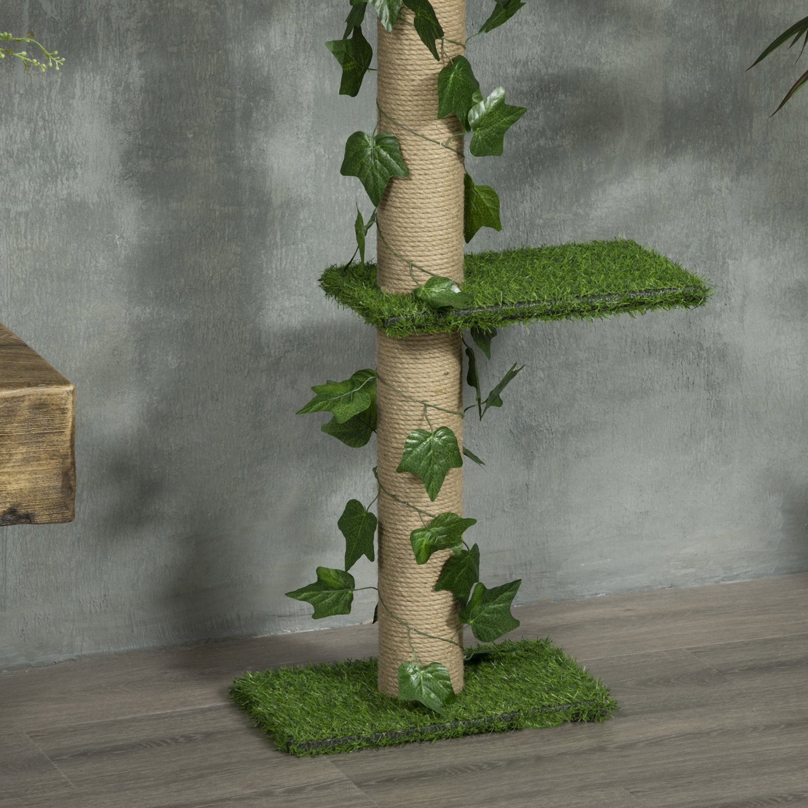 Árvore para gatos do chão ao teto 37x21x202-242 cm com 4 plataformas de relva artificial folhas artificiais e poste de juta verde