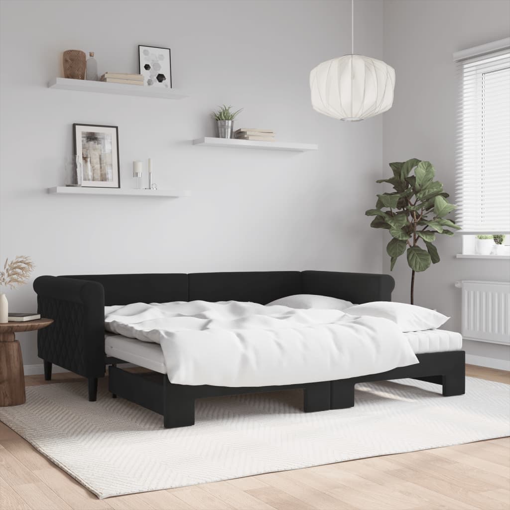 Sofá-cama com gavetão e colchões 90x190 cm veludo preto