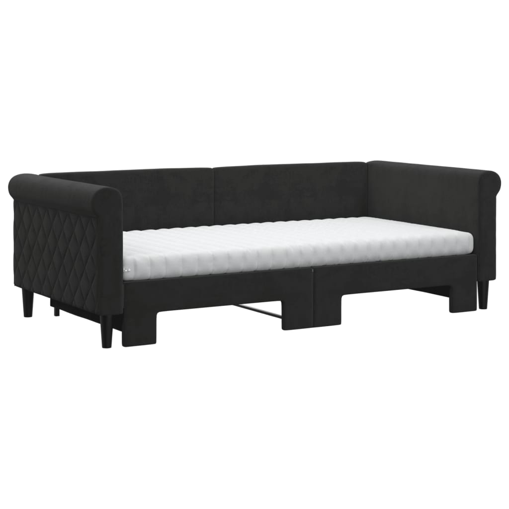 Sofá-cama com gavetão e colchões 90x190 cm veludo preto