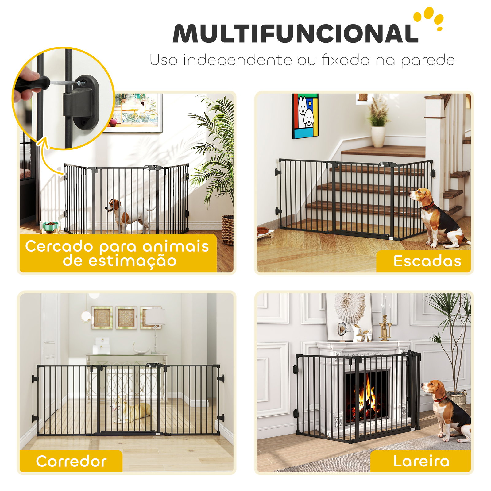 Barreira de Segurança para Cães Dobrável Barreira de Proteção para Lareira 202,5 cm com Porta para Escada Corredor Preto