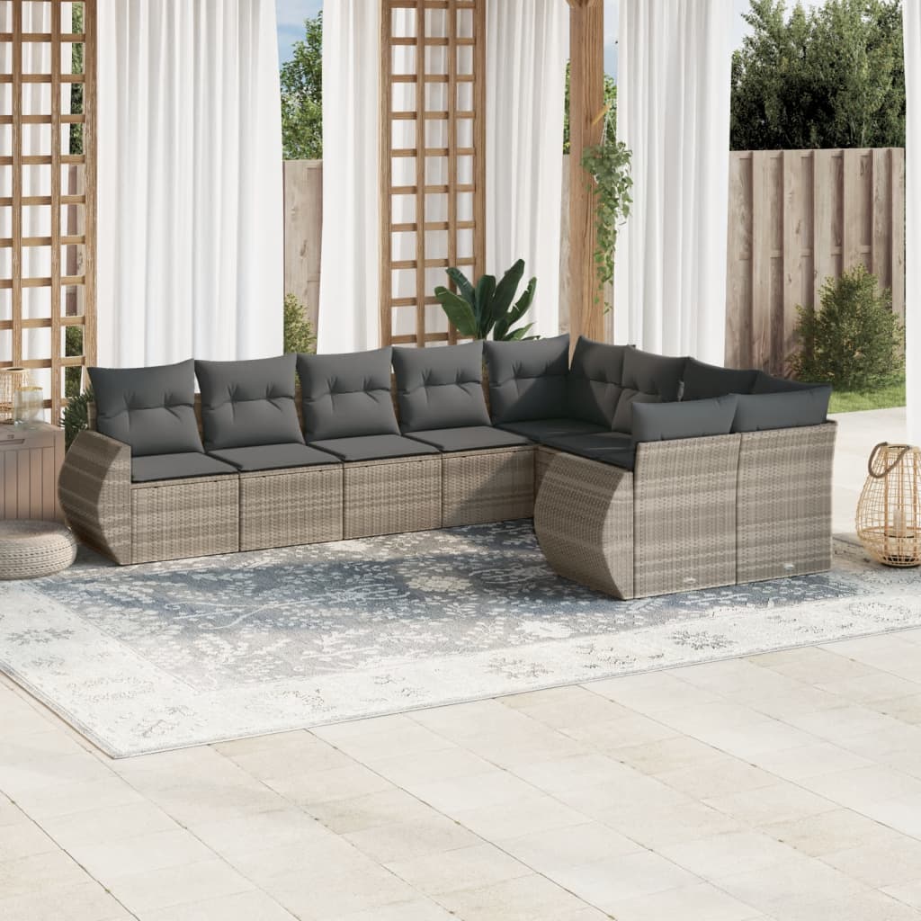 9 Pcs conj. sofás jardim com almofadões vime PE cinzento-claro