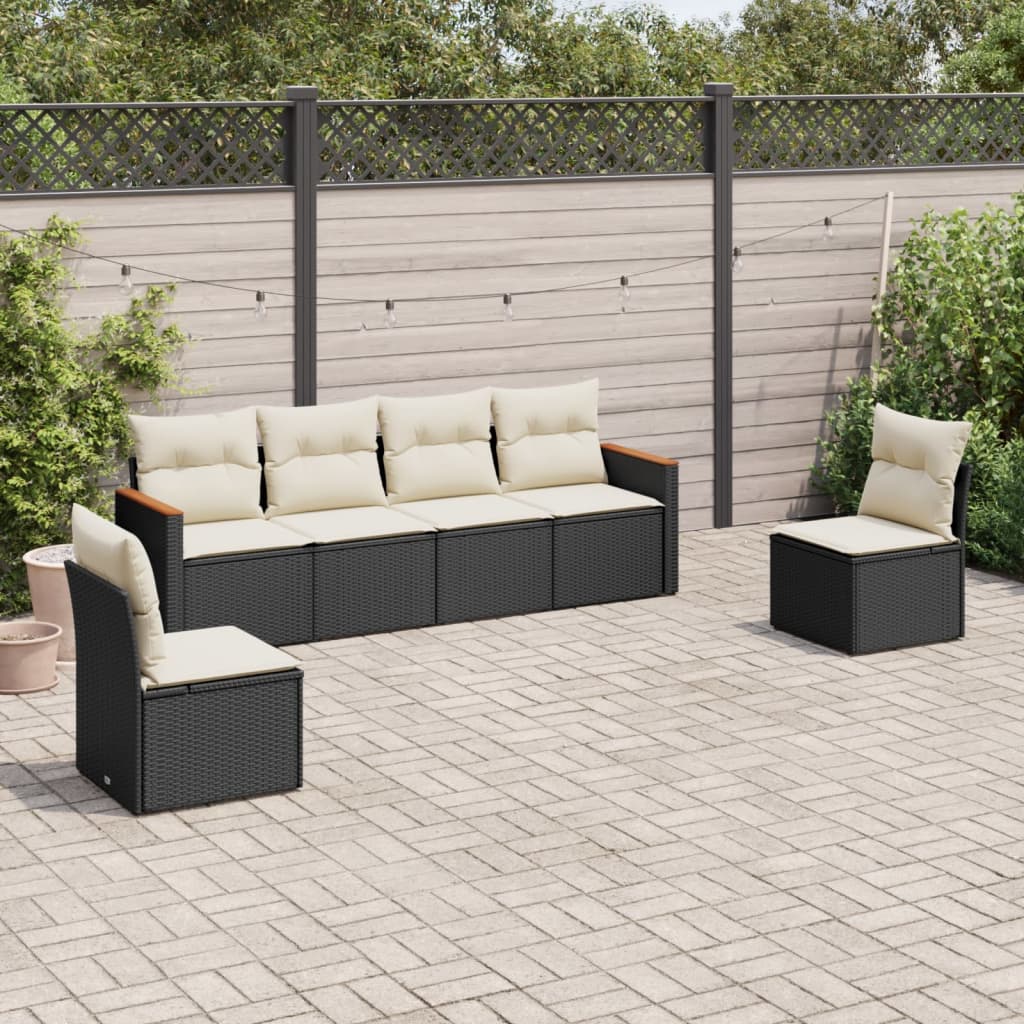 6 Pcs conjunto sofás de jardim c/ almofadões vime PE preto