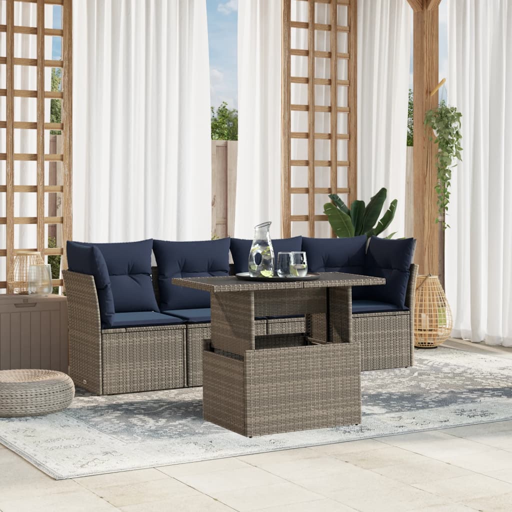Conjunto de sofá de jardim de 5 peças com almofadas em rattan sintético cinza