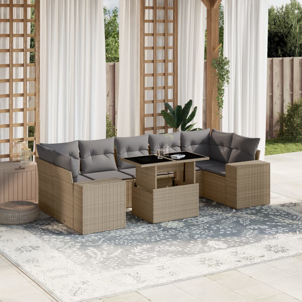 8 Pcs conjunto de sofás p/ jardim com almofadões vime PE bege