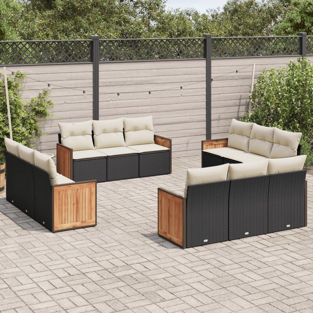 12 Pcs conjunto de sofás de jardim c/ almofadões vime PE preto
