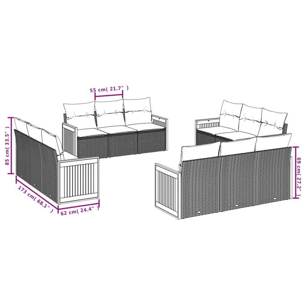 12 Pcs conjunto de sofás de jardim c/ almofadões vime PE preto