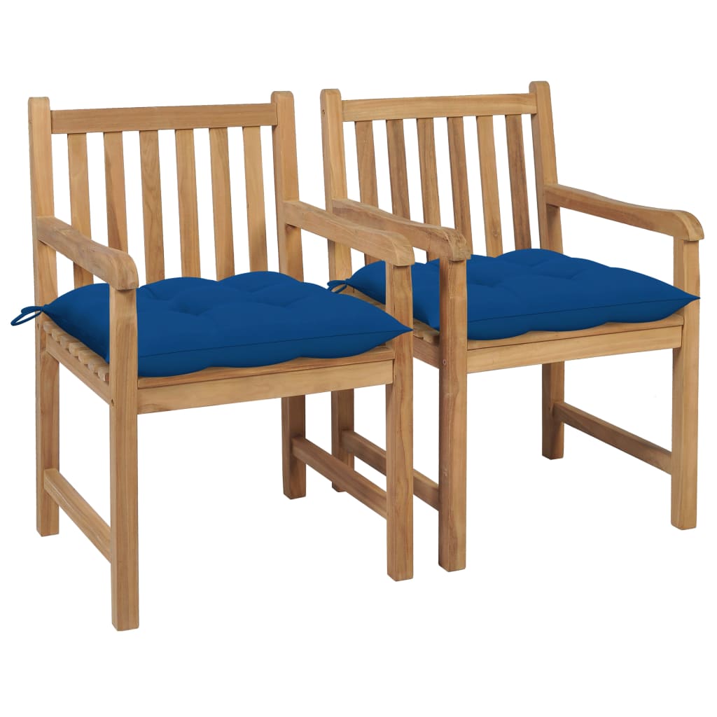 Cadeiras de jardim c/ almofadões azuis 2 pcs teca maciça