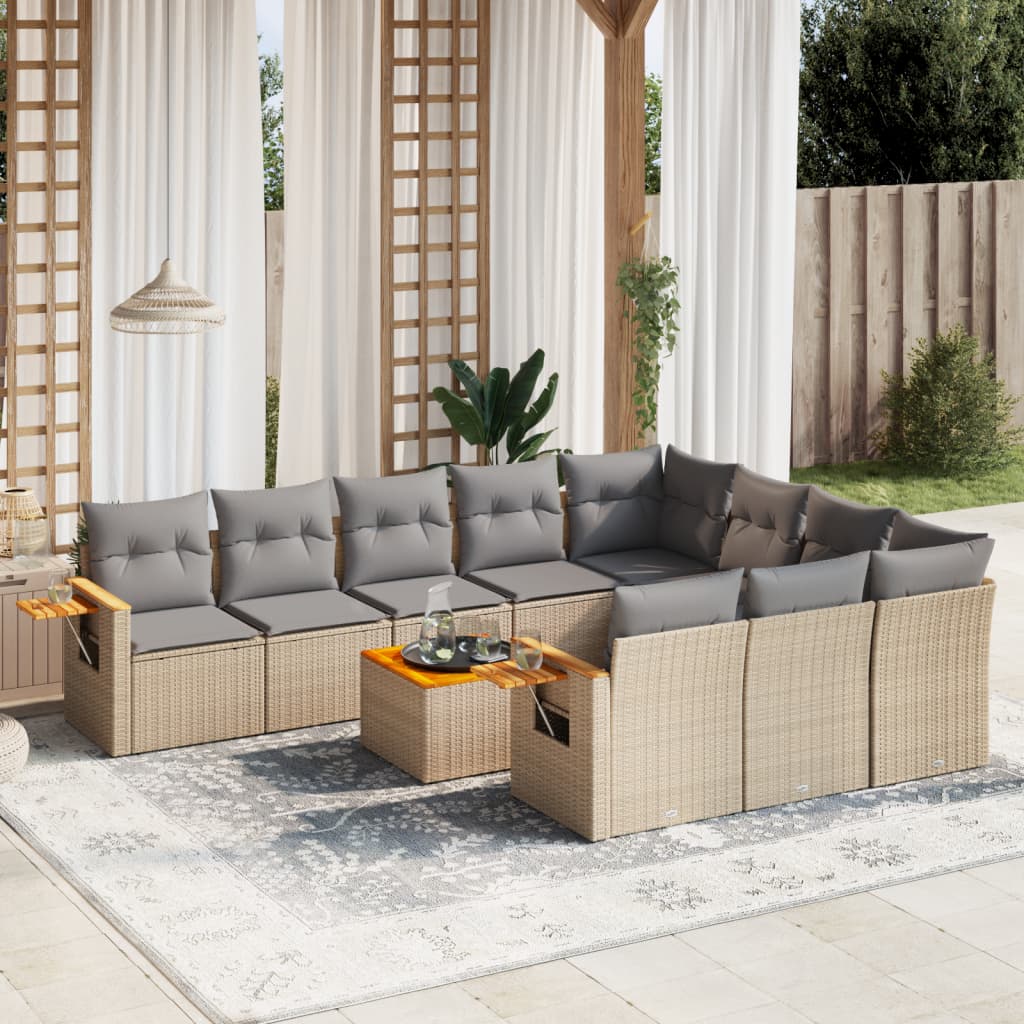 11 Pcs conjunto sofás de jardim c/ almofadões vime PE bege