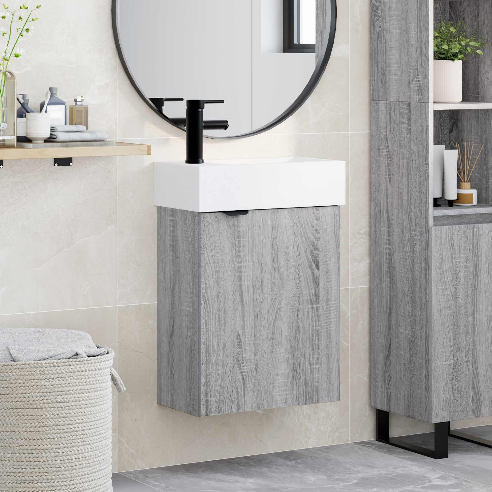 Conjunto de móveis de banheiro com torneira sonoma cinzento