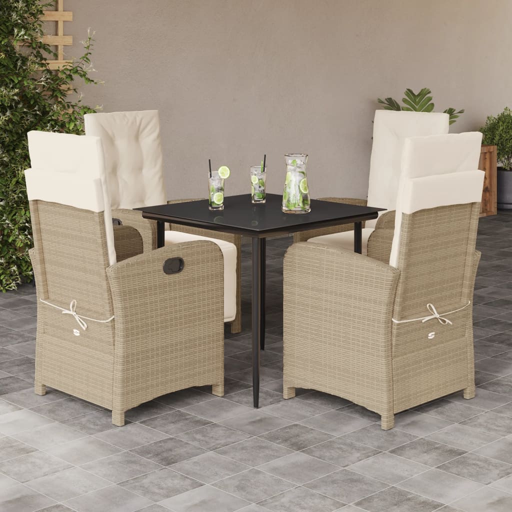 5 Pcs conjunto de jantar p/ jardim com almofadões vime PE bege