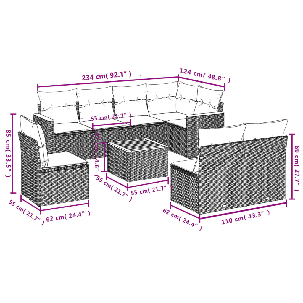 9 Pcs conjunto sofás p/ jardim com almofadões vime PE cinzento