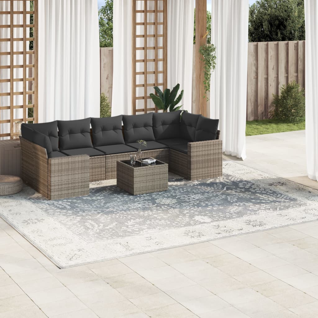 8 Pcs conjunto sofás de jardim c/ almofadões vime PE cinzento