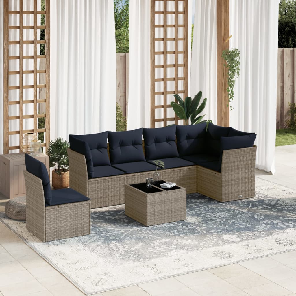 Conjunto de sofá de jardim com 7 peças e almofadas em rattan sintético cinza