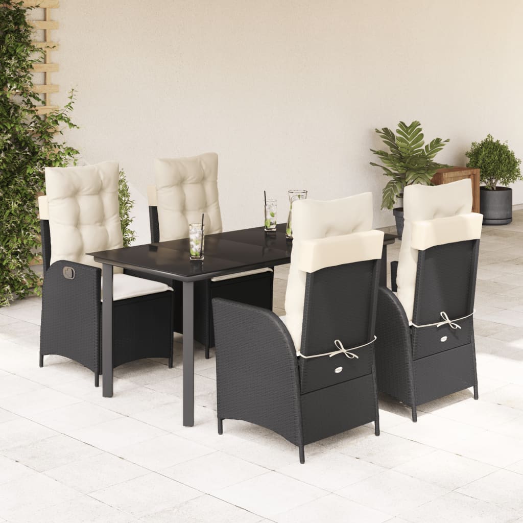 5 Pcs conjunto de jantar p/ jardim c/ almofadões vime PE preto