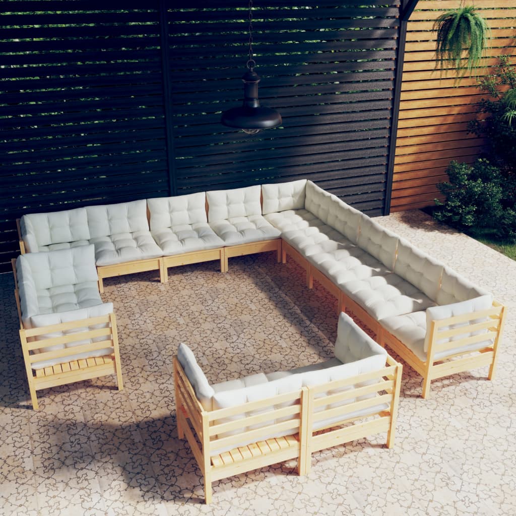 13 Pcs conjunto lounge jardim c/ almofadões creme pinho maciço