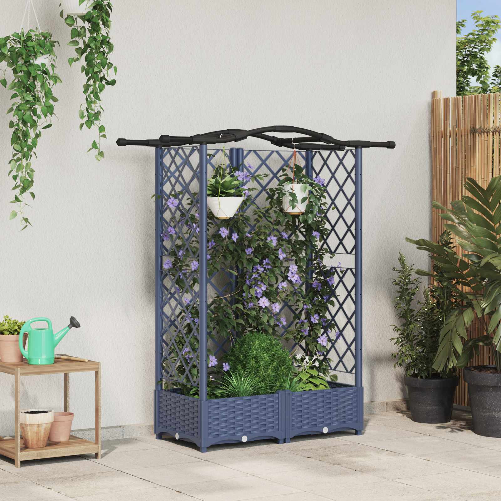 Cama elevada com treliça e telhado cinzento 124 x 40 x 123 cm