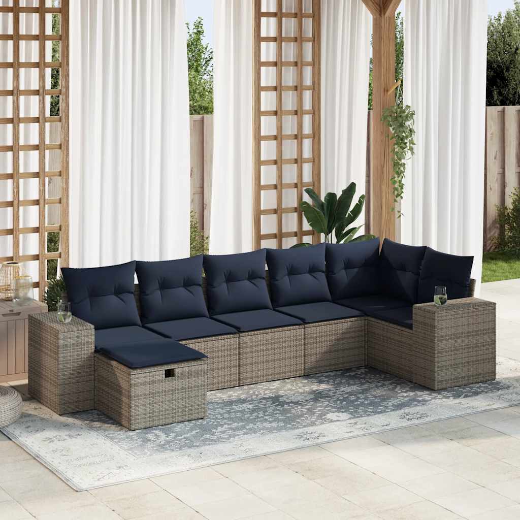 7 Pcs conjunto sofás p/ jardim c/ almofadões vime PE cinzento