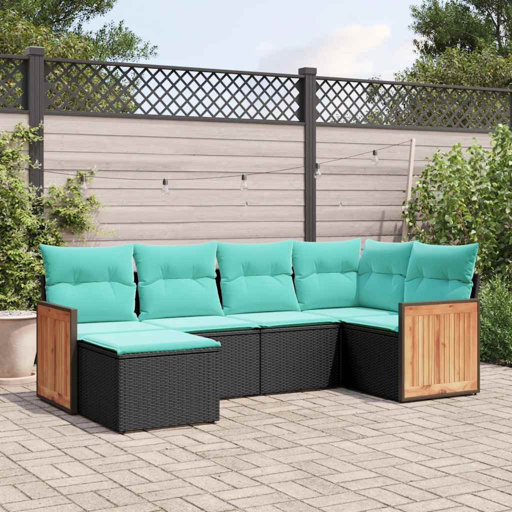 Conjunto de sofá de jardim com 6 peças e almofadas em rattan sintético preto