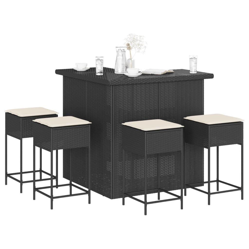 5 Pcs conjunto de bar p/ jardim c/ almofadões vime PE preto