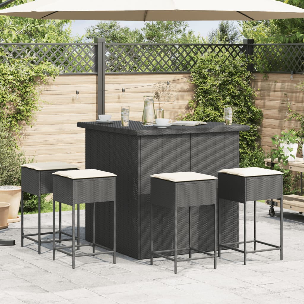 5 Pcs conjunto de bar p/ jardim c/ almofadões vime PE preto