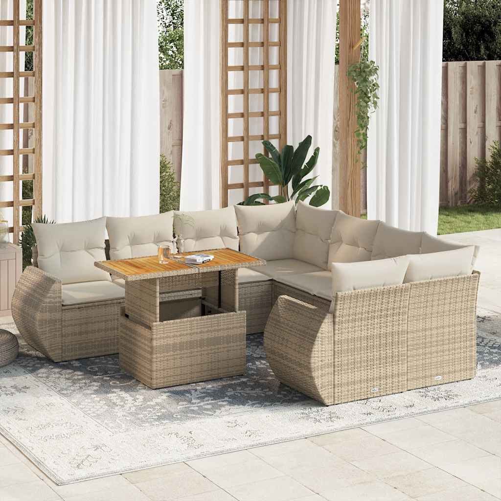 9 Pcs conjunto de sofás p/ jardim com almofadões vime PE bege