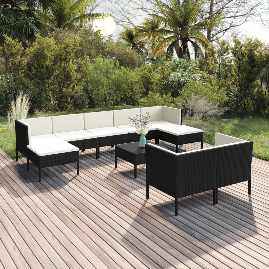 10 Pcs conjunto lounge de jardim c/ almofadões vime PE preto