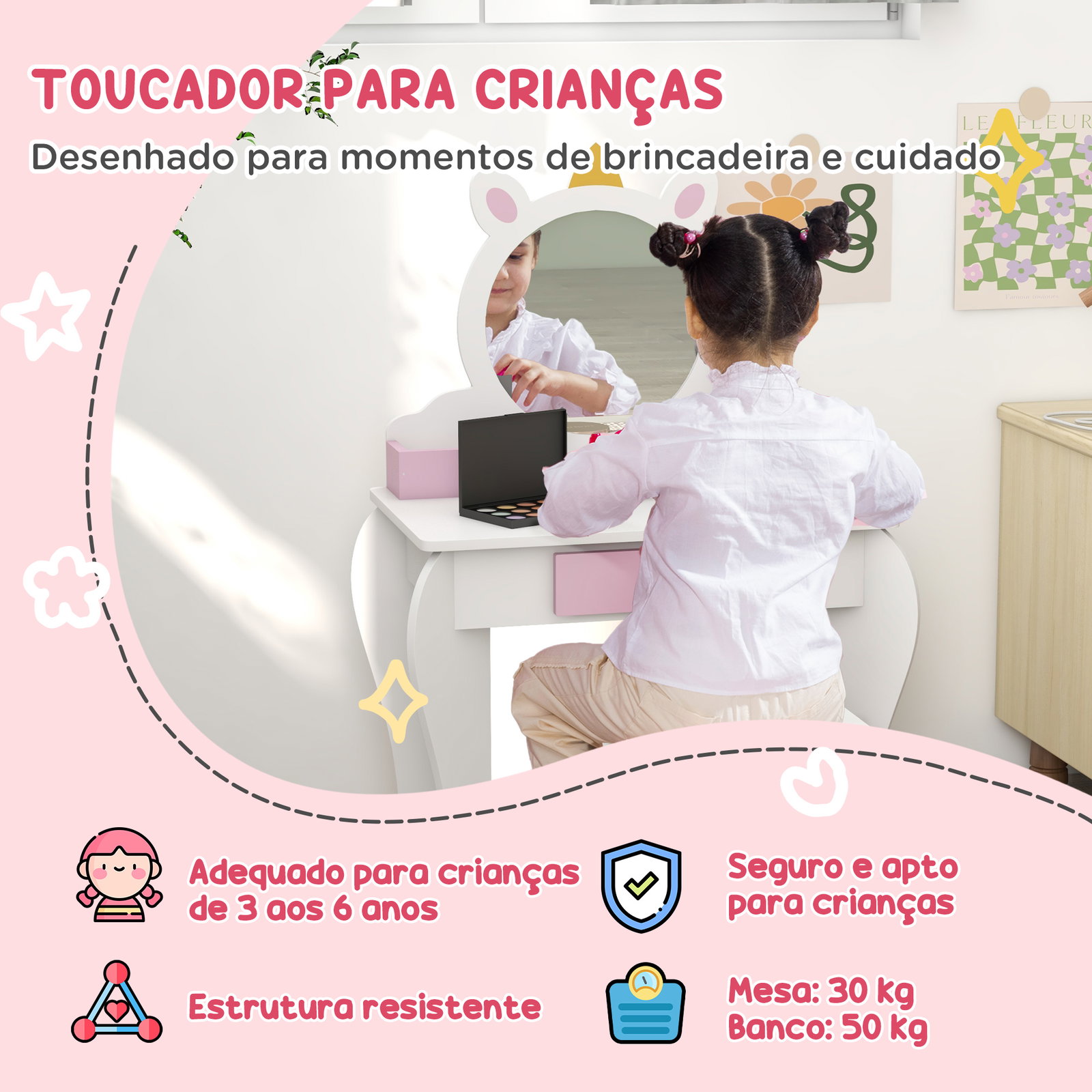 Toucador infantil com banco e espelho toucador de maquilhagem com gaveta compartimentos desenho de unicórnio branco