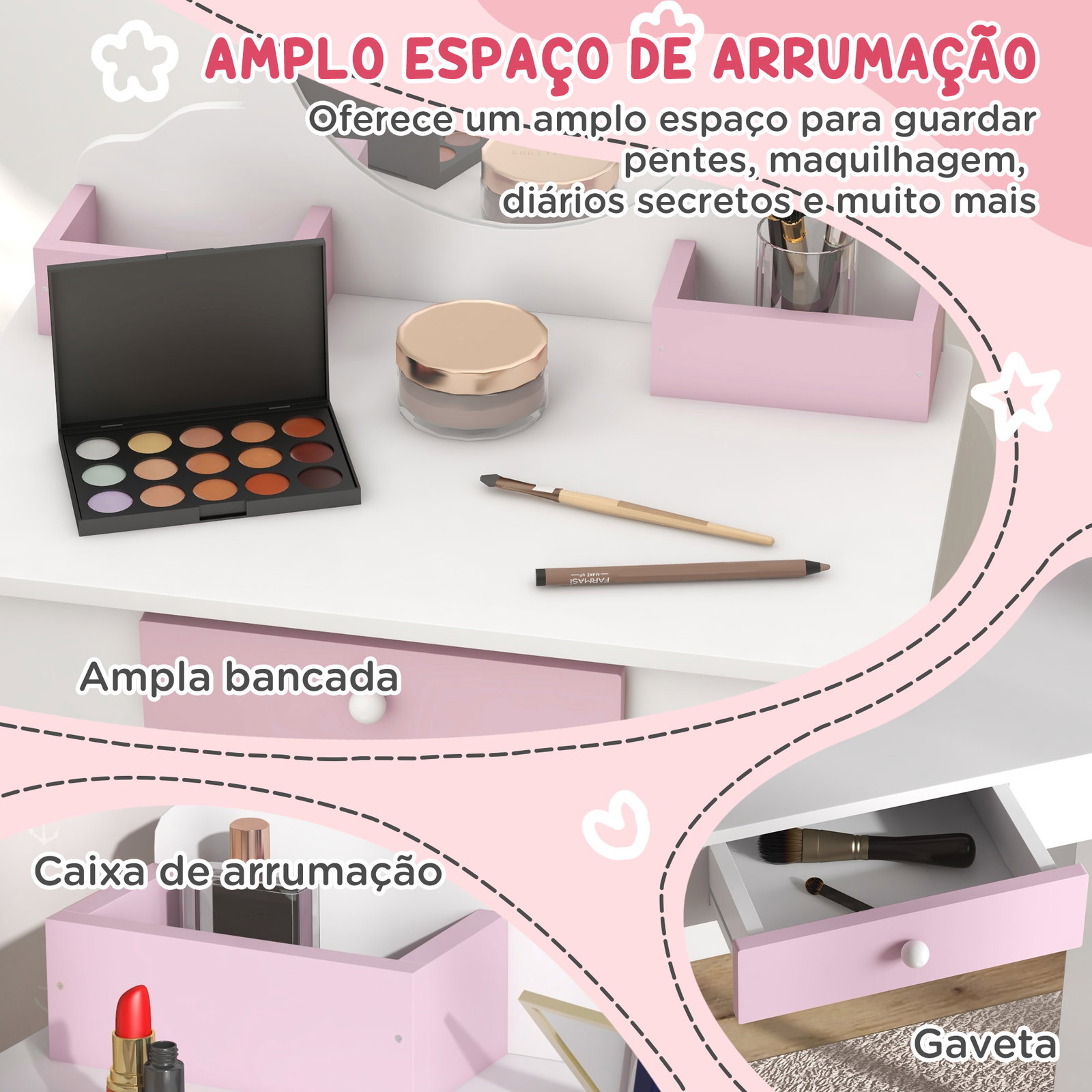 Toucador infantil com banco e espelho toucador de maquilhagem com gaveta compartimentos desenho de unicórnio branco